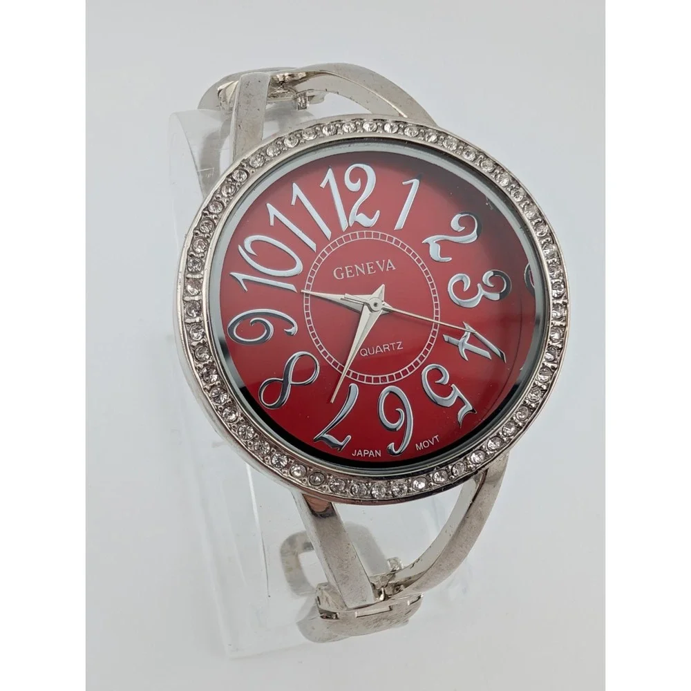 Geneva Watch Women 37mm Case Crystal Bezel Red Dial‎ Bangle Band- New Battery